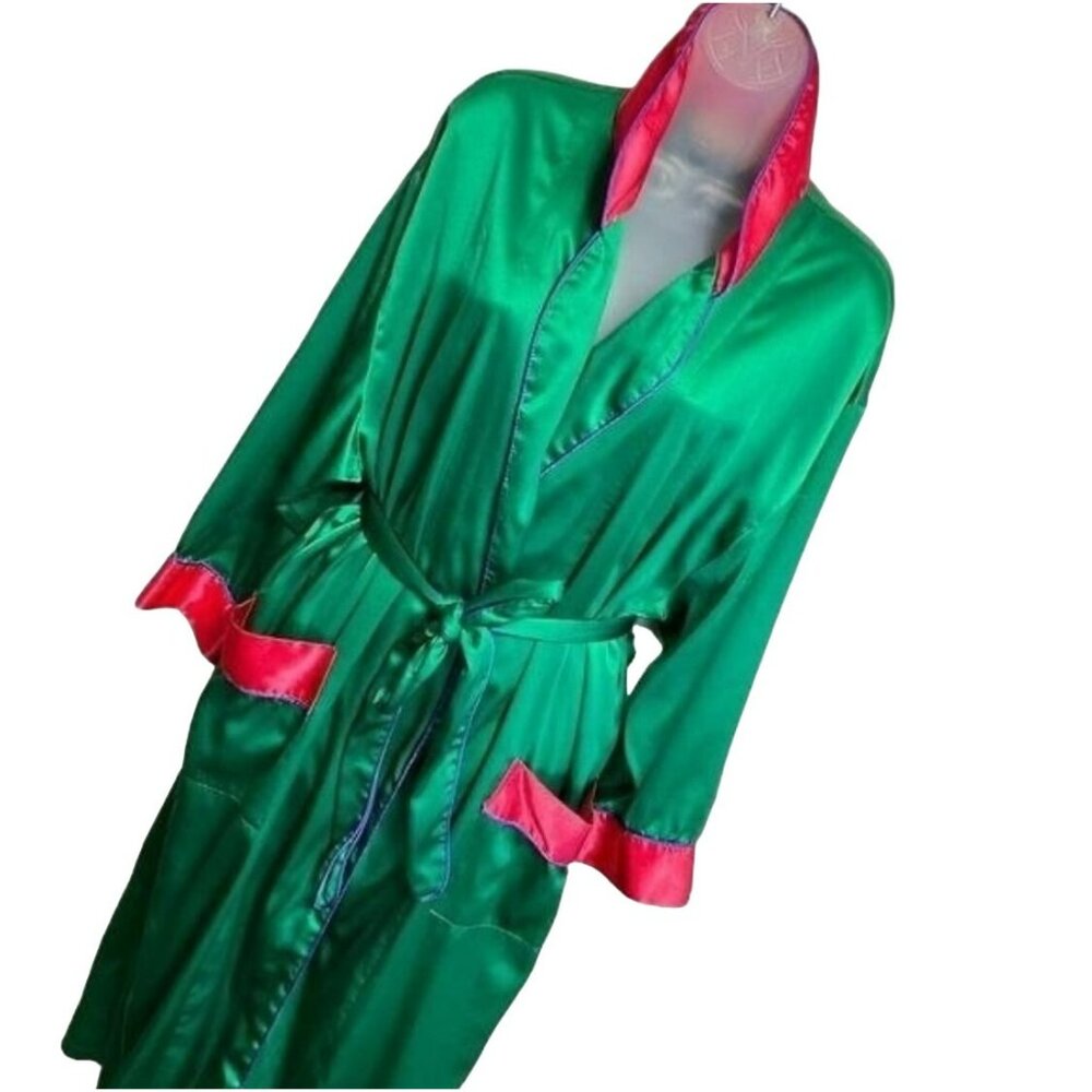 Vintage Victorias Secret Emerald Green & Pink Satin Robe Kimono Style M